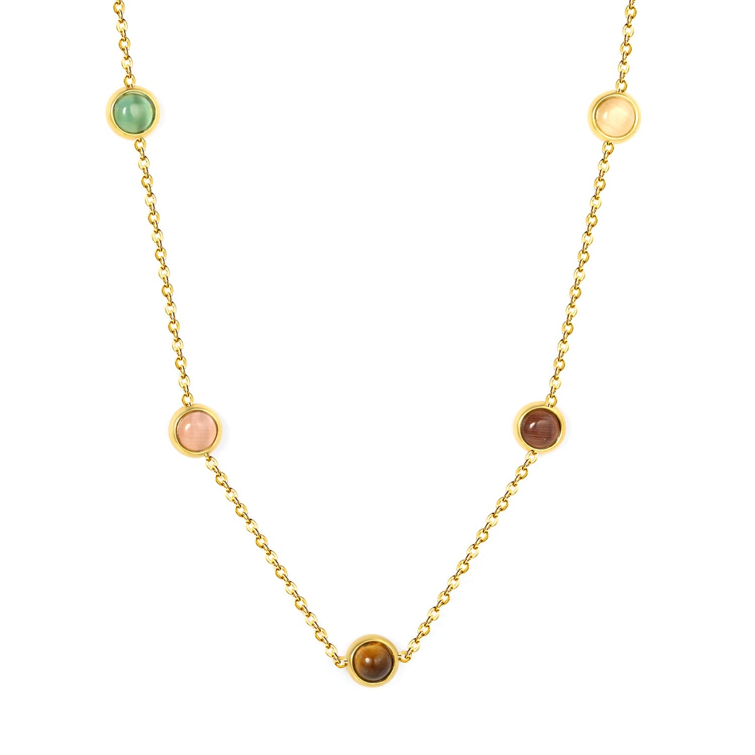 Colorful Cat's Eye Stone Round Disc 0.3 Cross Chain 40+5cm+6mm Round Tag Necklace Gold asonjewelry